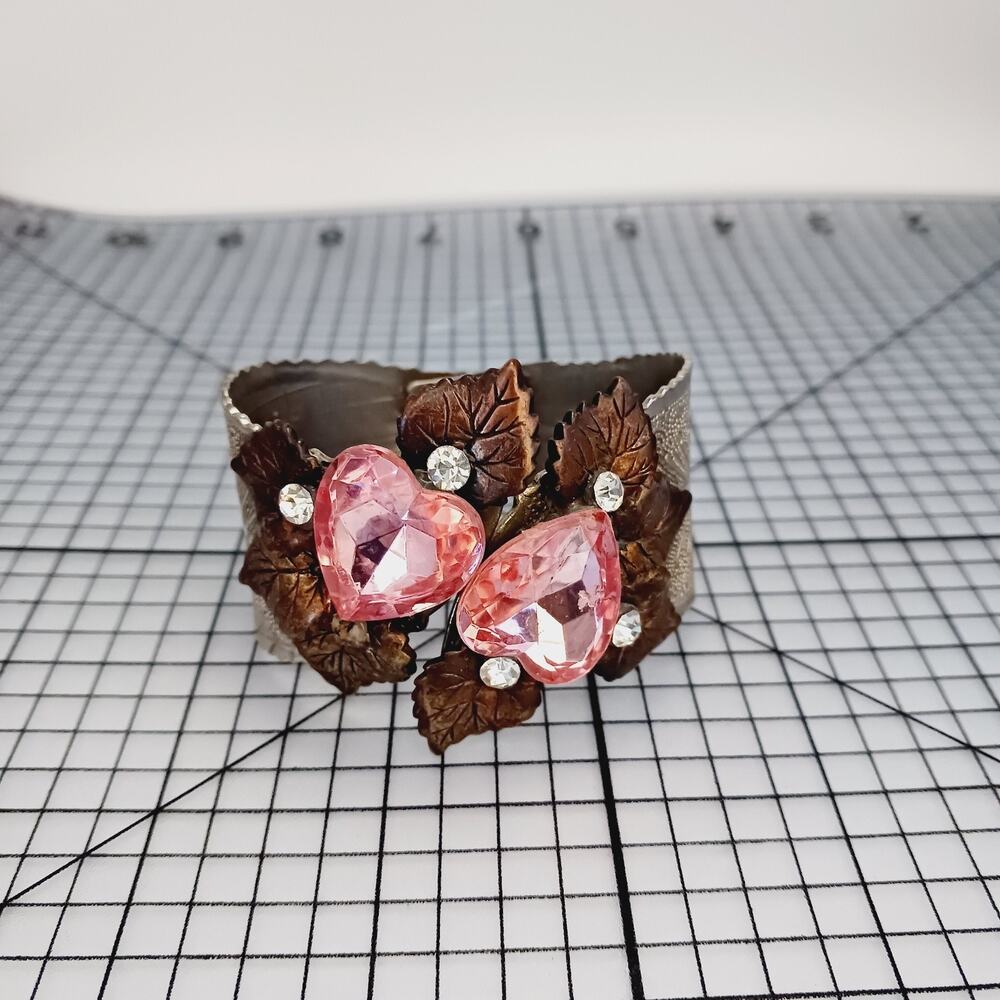 Bracelet Cuff Hinged Pink Rhinestones Leaf Statement Silver Tone Y2K Textured